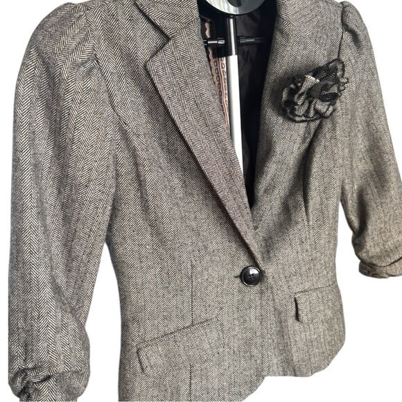 Stooshy Blazer Womens Medium Herringbone Gray Black 3/4 Puff Sleeve Button Y2K - Picture 5 of 7